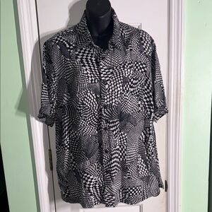 Vintage Silk Black & White Optical Wave Short Sleeve Button-Up Shirt Size Large